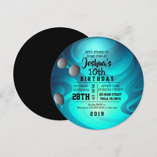 BOWLING BALL RONDE Aqua Verjaardagsfeestuitnodigin Kaart (Voorkant / Achterkant)