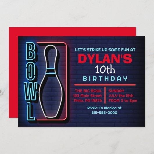BOWLING BALL RONDE NEON Verjaardagsfeestuitnodigin Kaart (Voorkant / Achterkant)