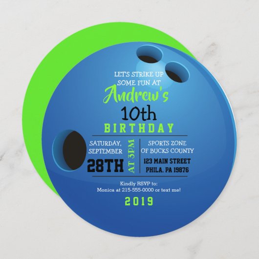 BOWLING BALL ROUND Birthday Party Invitation Kaart (Voorkant / Achterkant)