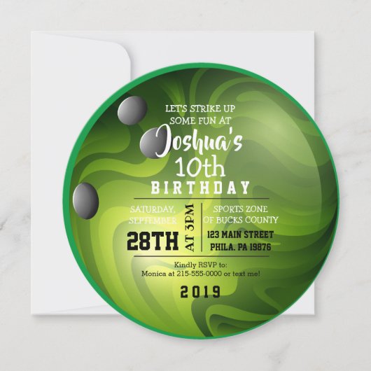 BOWLING BALL ROUND Green Birthday Party Invitation Kaart (Voorkant)