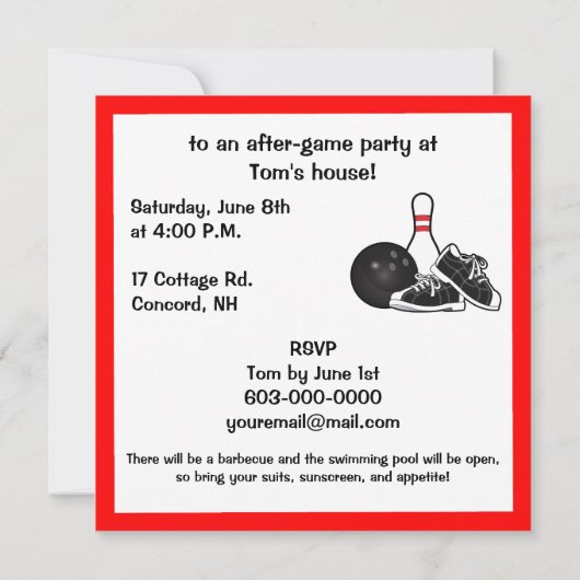 Bowling Ball, Shoes en Pin After Game Party Kaart (Achterkant)