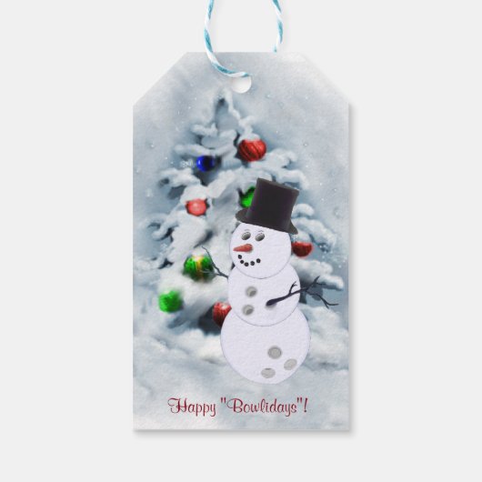 Bowling Ball Snowman Kerstmis Cadeaulabel (Achterkant)