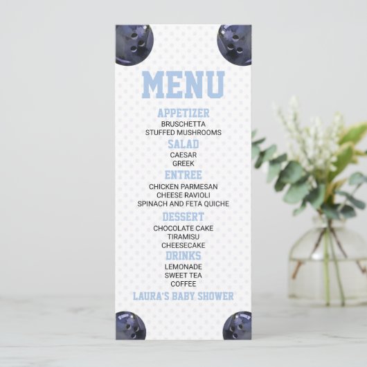 Bowling Ball Sport Blauw Baby shower Voedsel Menu (Staand voorkant)