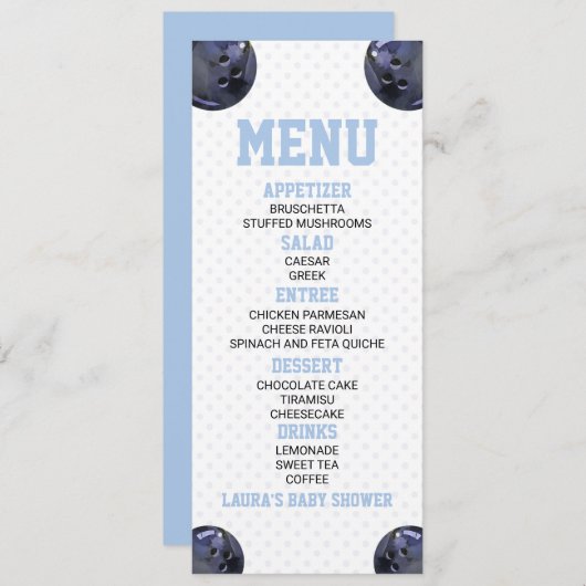 Bowling Ball Sport Blauw Baby shower Voedsel Menu (Voorkant / Achterkant)