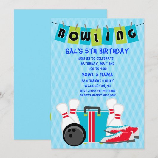Bowling Banner Birthday Party Uitnodiging (Voorkant / Achterkant)
