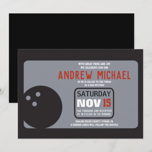 BOWLING Bar Mitzvah Uitnodiging (Voorkant / Achterkant)