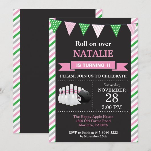 Bowling Birthday Invitation 1st Birthday Party Kaart (Voorkant / Achterkant)