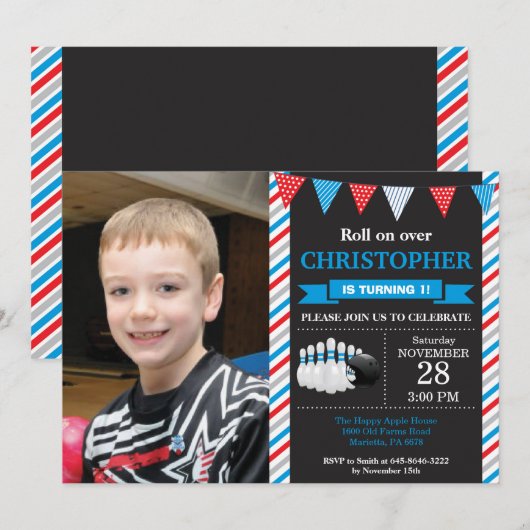 Bowling Birthday Invitation 1st Birthday Party Kaart (Voorkant / Achterkant)