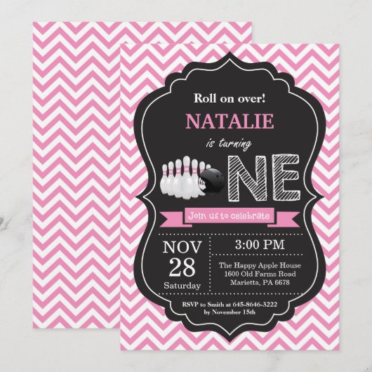 Bowling Birthday Invitation 1st Birthday Party Kaart (Voorkant / Achterkant)