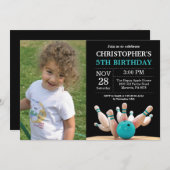 Bowling Birthday Invitation Birthday Blauwgroen Kaart (Voorkant / Achterkant)