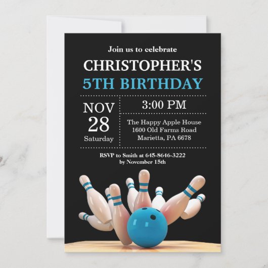 Bowling Birthday Invitation Birthday Party Blue Kaart (Voorkant)