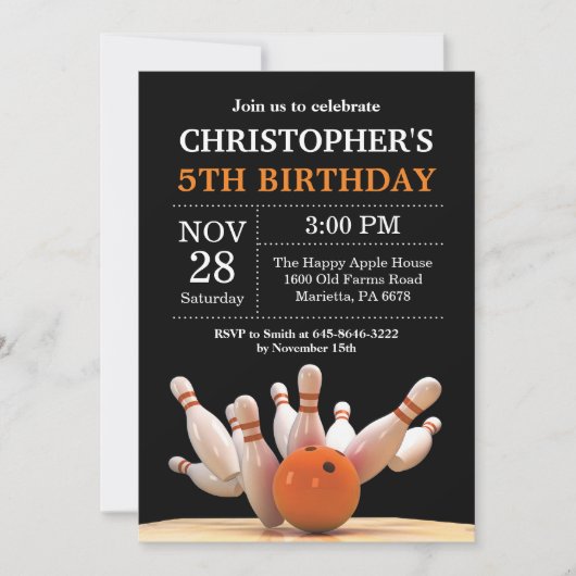 Bowling Birthday Invitation Birthday Party Oranje Kaart (Voorkant)
