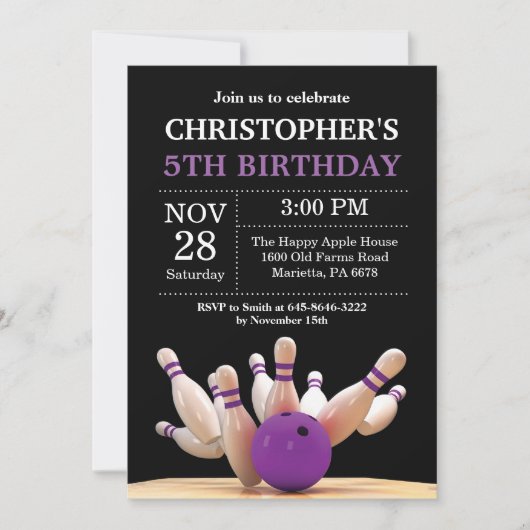 Bowling Birthday Invitation Birthday Party Paars Kaart (Voorkant)
