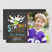 Bowling Birthday Invitation Blue Oranje Boy Kaart (Voorkant / Achterkant)