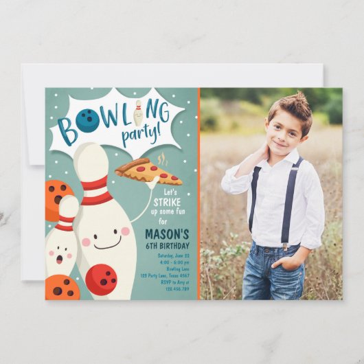 Bowling Birthday Invitation Boy Pizza stak op Kaart (Voorkant)