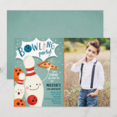 Bowling Birthday Invitation Boy Pizza stak op Kaart (Voorkant / Achterkant)