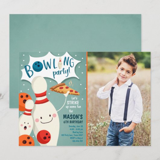Bowling Birthday Invitation Boy Pizza stak op Kaart (Voorkant / Achterkant)