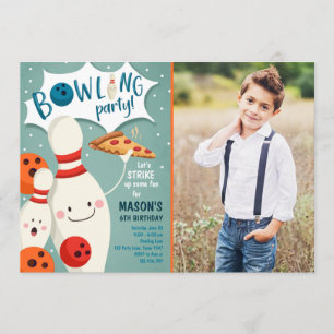 Bowling Birthday Invitation Boy Pizza stak op Kaart