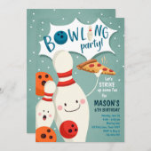 Bowling Birthday Invitation Boy Pizza stak op Kaart (Voorkant / Achterkant)