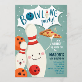 Bowling Birthday Invitation Boy Pizza stak op Kaart