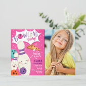 Bowling Birthday Invitation Girl Pink Pizza Strike Kaart (Staand voorkant)