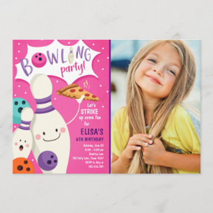 Bowling Birthday Invitation Girl Pink Pizza Strike Kaart