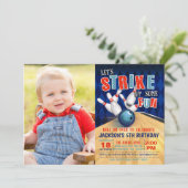 Bowling Birthday Invitation with Photo - Boy Kaart (Staand voorkant)