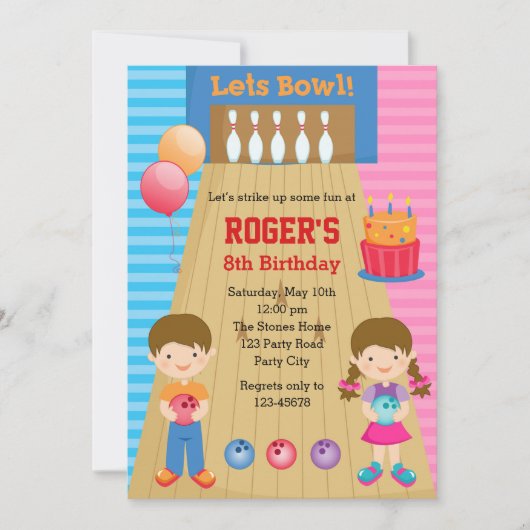 Bowling Birthday Invitations (Boy Girl Twins) Kaart (Voorkant)