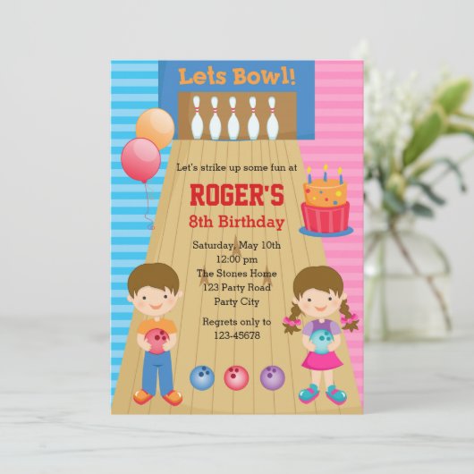 Bowling Birthday Invitations (Boy Girl Twins) Kaart (Staand voorkant)