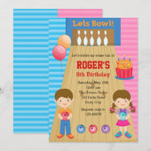 Bowling Birthday Invitations (Boy Girl Twins) Kaart (Voorkant / Achterkant)