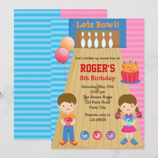 Bowling Birthday Invitations (Boy Girl Twins) Kaart (Voorkant / Achterkant)