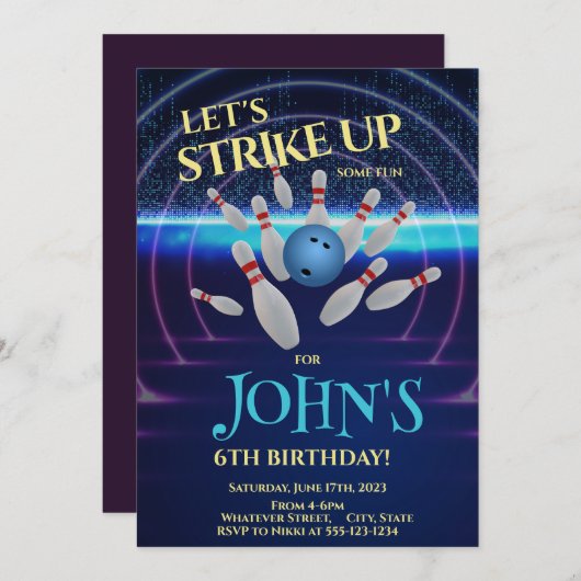 Bowling Birthday Party Custom Kaart (Voorkant / Achterkant)