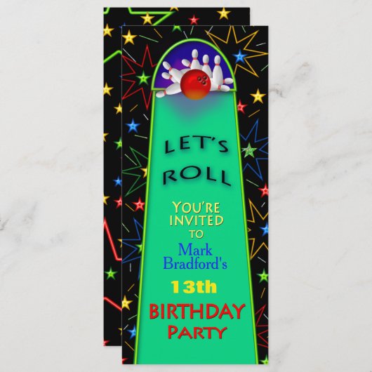 Bowling Birthday Party Invitation - Insert/Name/AG Kaart (Voorkant / Achterkant)