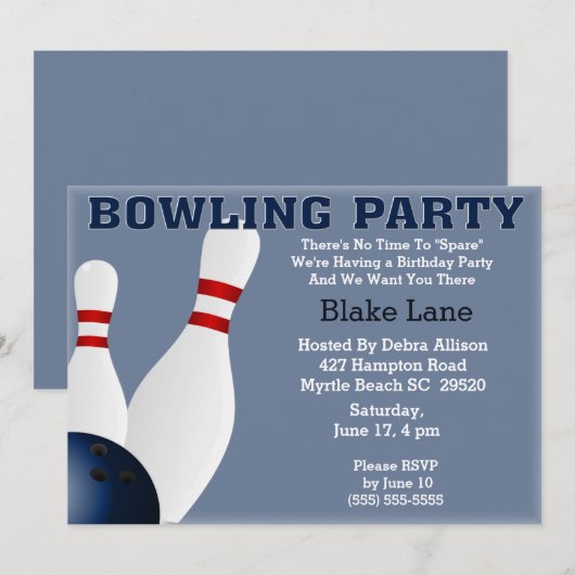 Bowling Birthday Party Invitation Kaart (Voorkant / Achterkant)