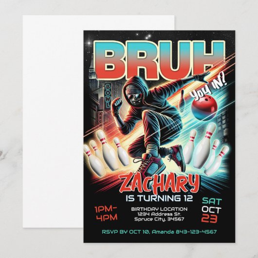 Bowling Birthday Party Invitation Kaart (Voorkant / Achterkant)