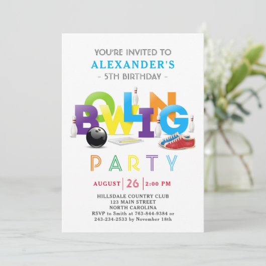 Bowling Birthday Party Invitation Kaart (Staand voorkant)