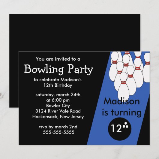 Bowling Birthday Party Invitation Kaart (Voorkant / Achterkant)