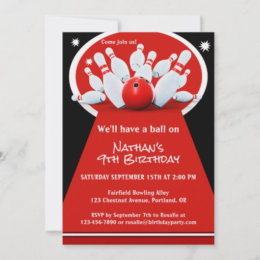 Bowling Birthday Party Invitation Kaart (Voorkant)
