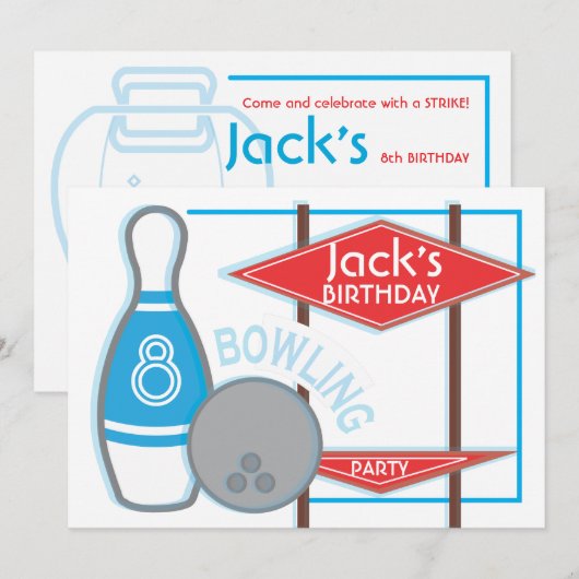 Bowling Birthday Party Invitation Kaart (Voorkant / Achterkant)