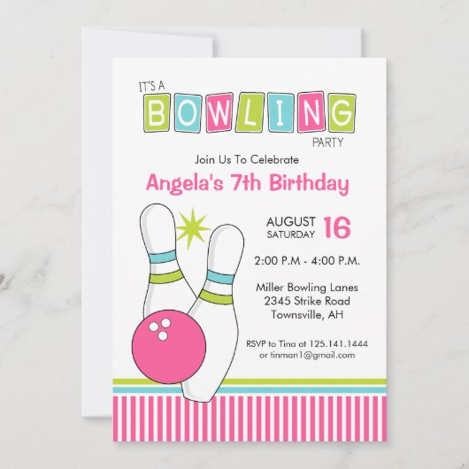 Bowling Birthday Party Invitation Kaart (Voorkant)