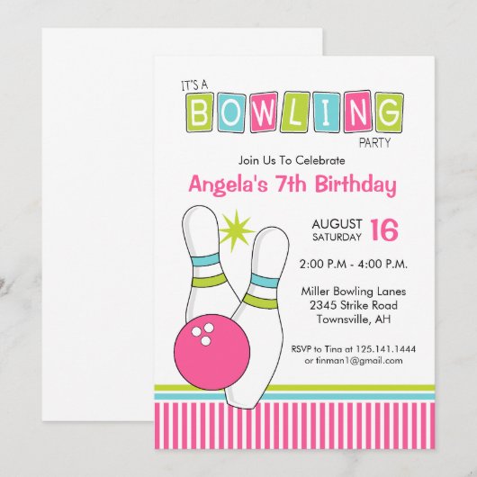 Bowling Birthday Party Invitation Kaart (Voorkant / Achterkant)