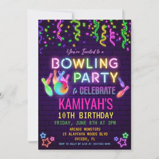 Bowling Birthday Party Invitation Kaart (Voorkant)