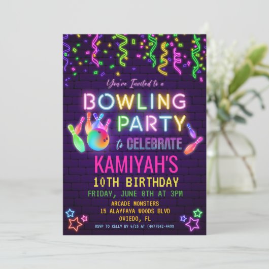 Bowling Birthday Party Invitation Kaart (Staand voorkant)