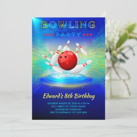 Bowling Birthday Party Invitation Kaart (Staand voorkant)