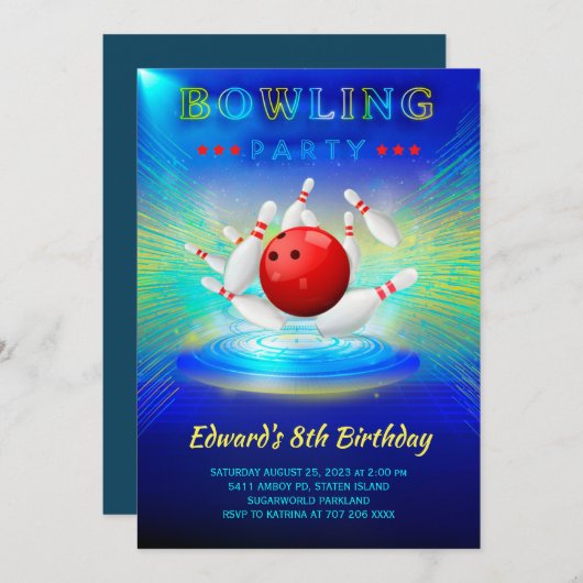 Bowling Birthday Party Invitation Kaart (Voorkant / Achterkant)