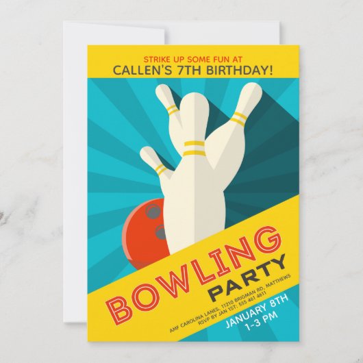 Bowling Birthday Party Invitation Kaart (Voorkant)
