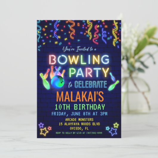Bowling Birthday Party Invitation Kaart (Staand voorkant)