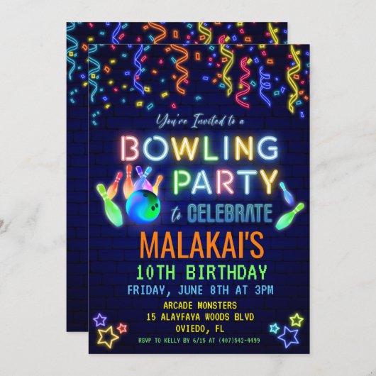 Bowling Birthday Party Invitation Kaart (Voorkant / Achterkant)