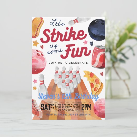 Bowling Birthday Party Invitation Kaart (Staand voorkant)