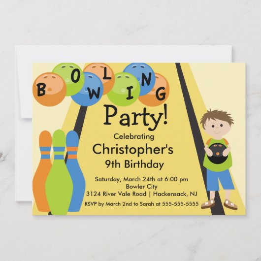 Bowling Birthday Party Invitation Retro Boy Kaart (Voorkant)